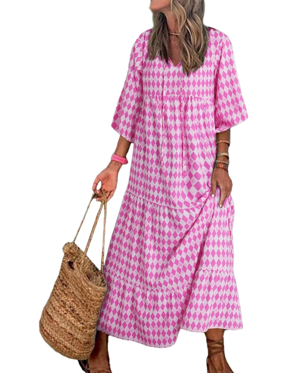 womens puff sleeve geometric bohemian maxi dresses