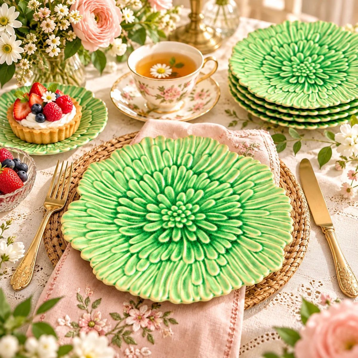 Vintage Green Embossed Chrysanthemum Dinner Plate, Majolica Style Ceramic, 11 Inch