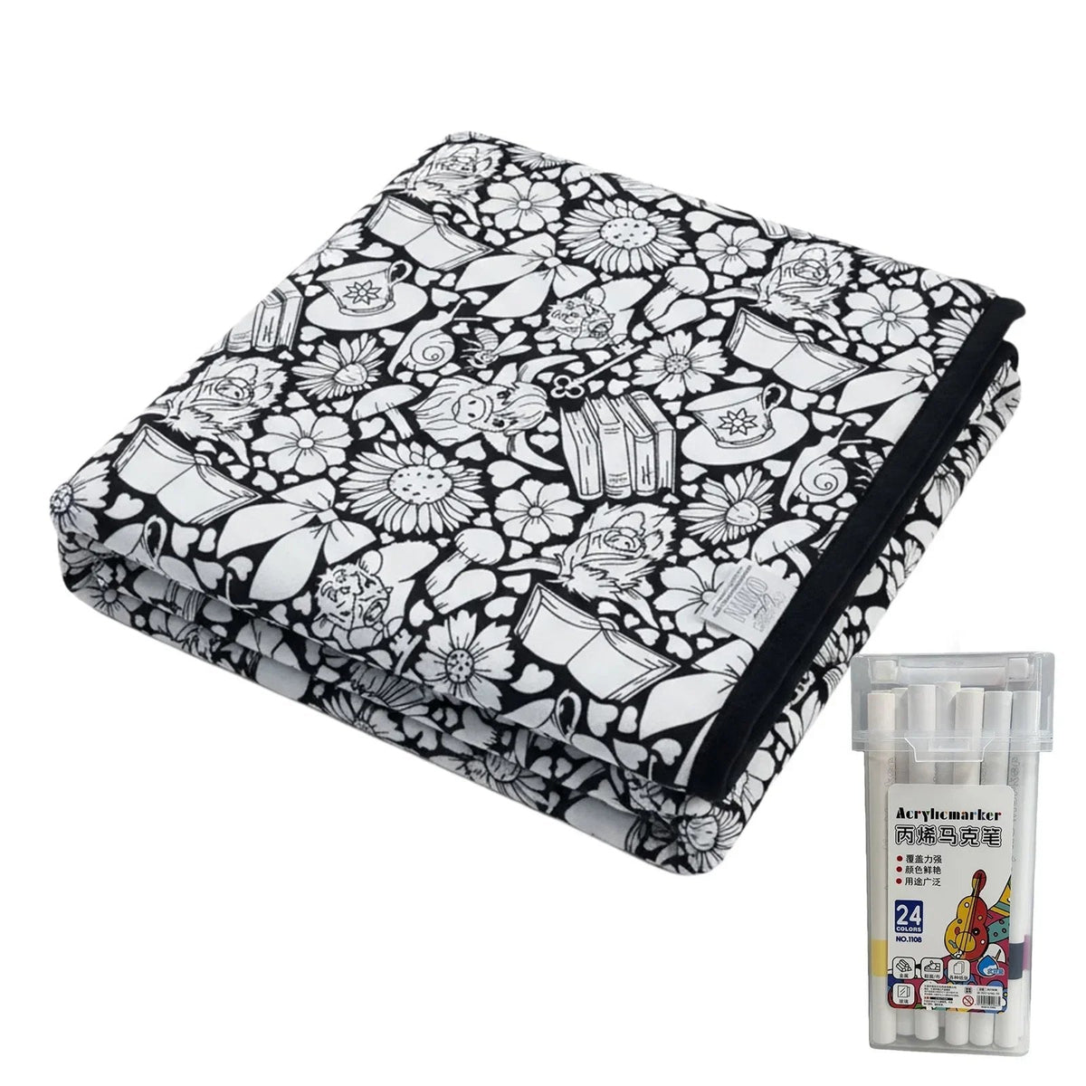 🎨 Fuzzy Velvet Coloring Blanket with 24 Markers | 8 Designs