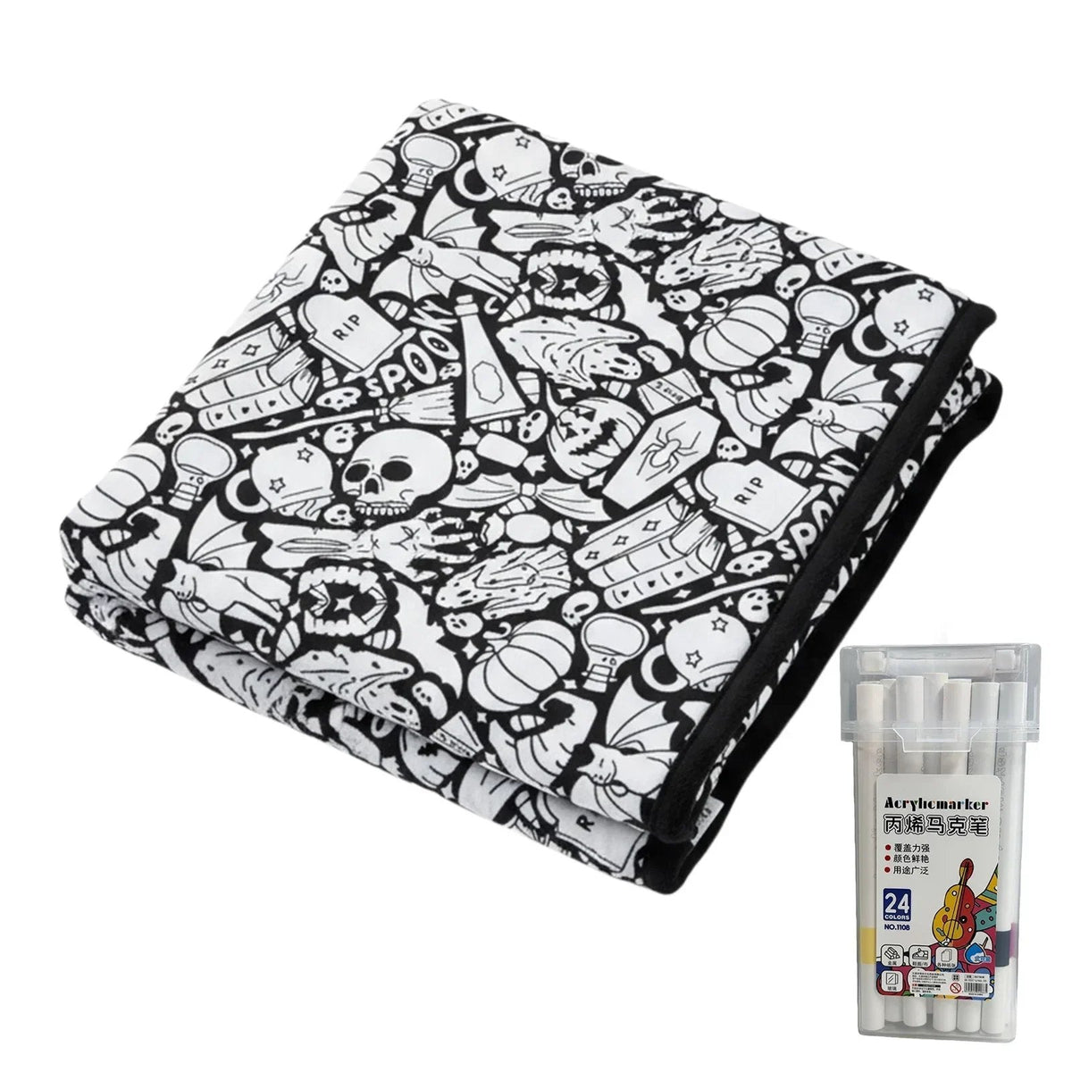 🎨 Fuzzy Velvet Coloring Blanket with 24 Markers | 8 Designs