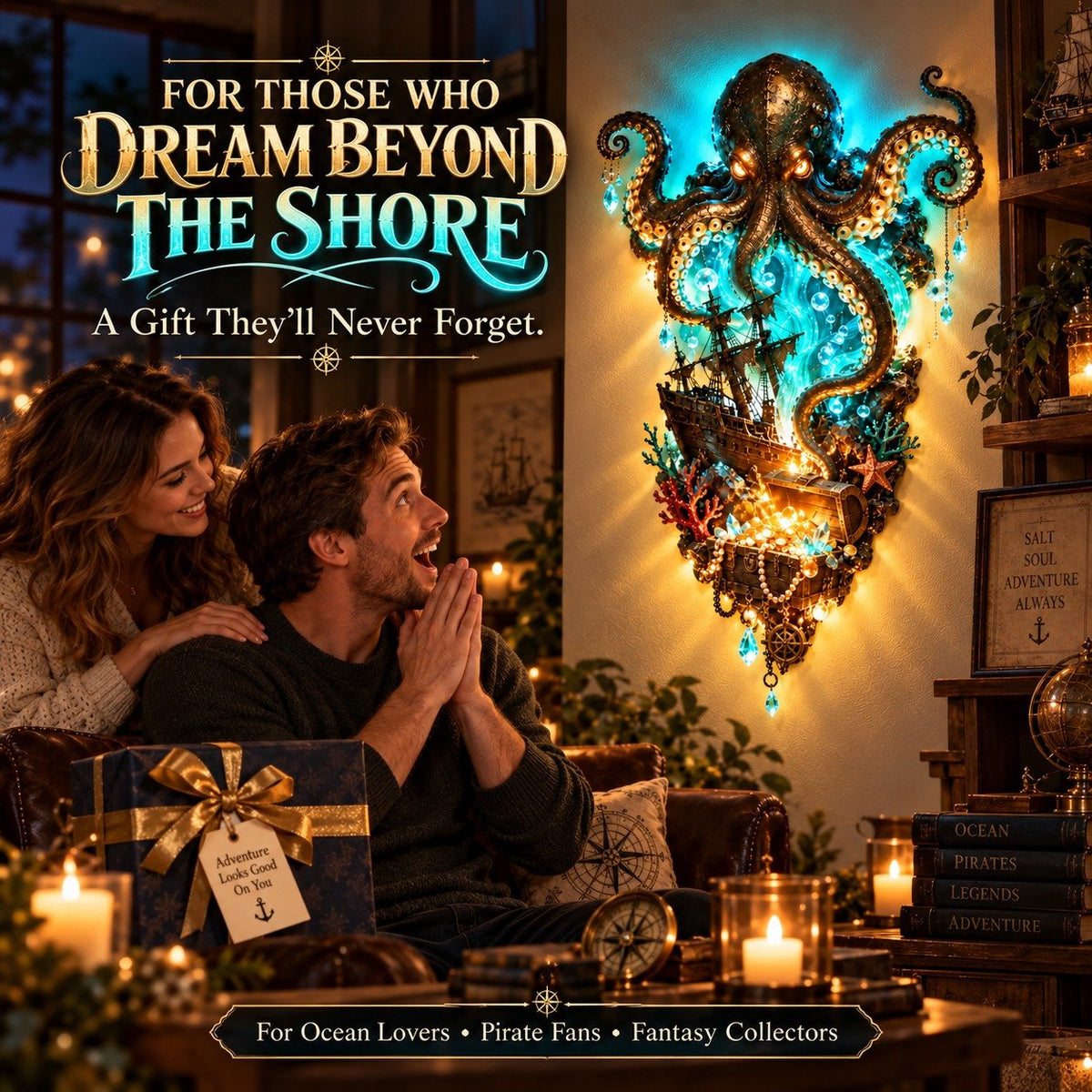 Octopus Wall Lamp with Pirate Ship and Treasure – A Legend from the Depths for Your Wall