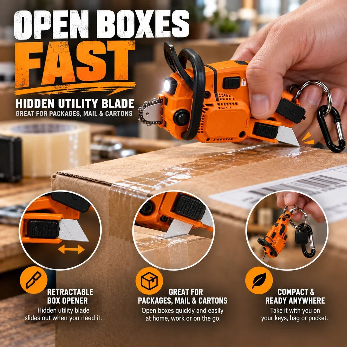 🪚 Mini Chainsaw Keychain Multi-Tool – Rechargeable LED Flashlight & Retractable Utility Cutter