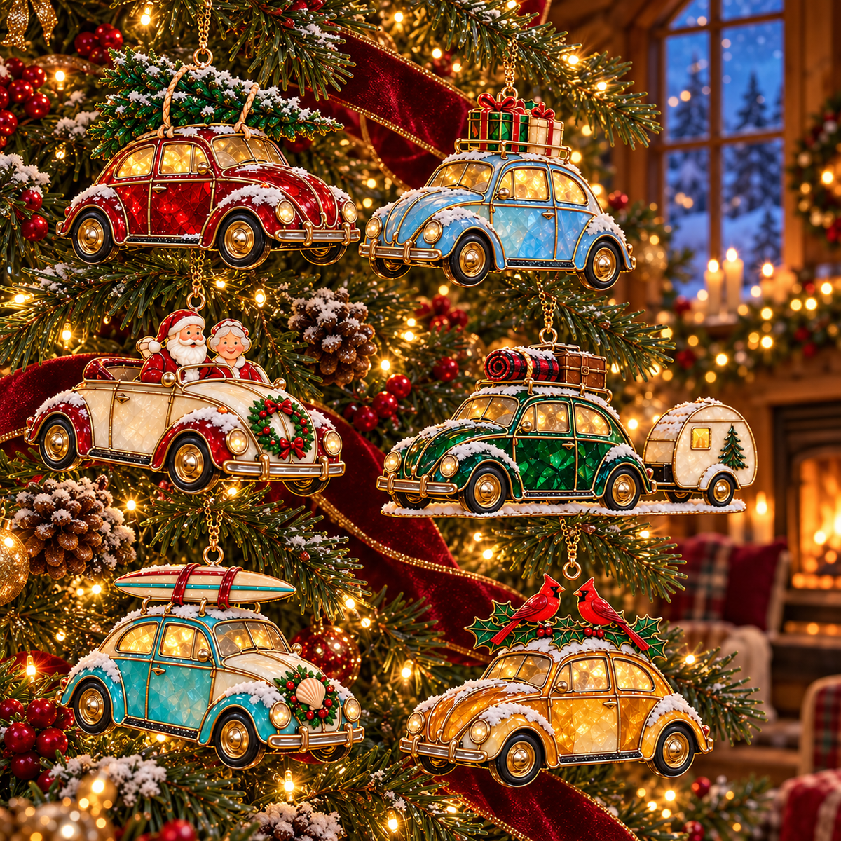 Vintage Christmas Rides – 6-Piece Stained-Glass Style Car Ornament Set
