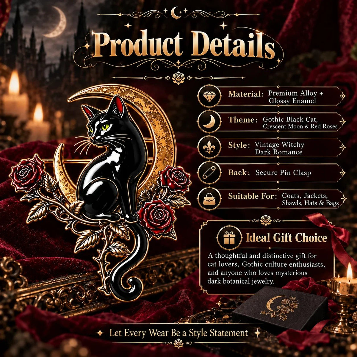 🐈‍⬛🌙 Black Cat Crescent Moon Brooch – Gothic Rose Statement Pin