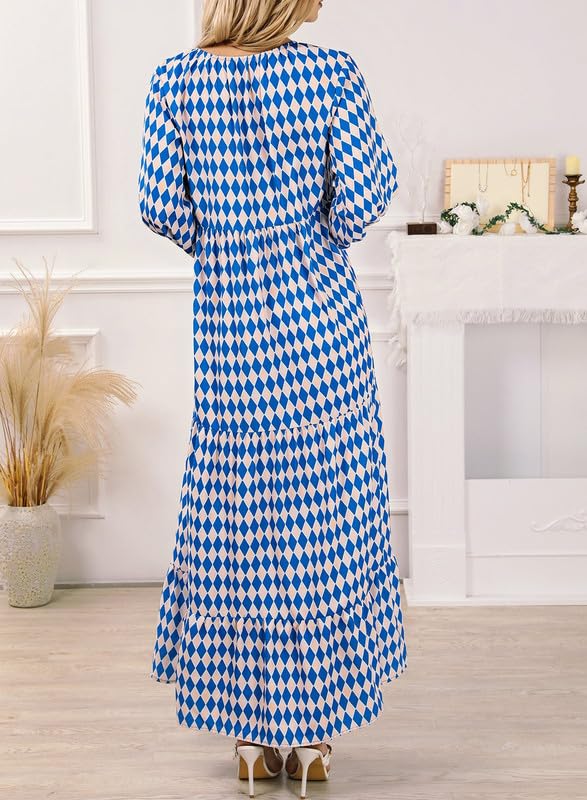 womens puff sleeve geometric bohemian maxi dresses