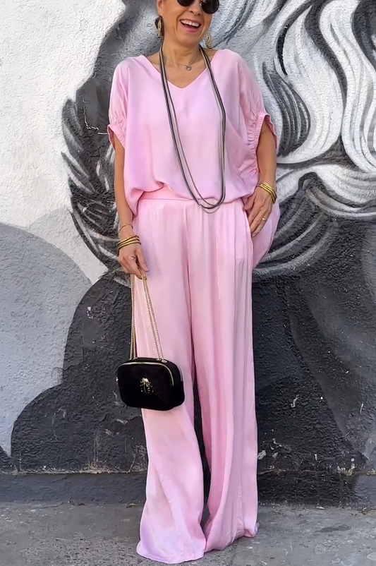 Oversized Satin V-Neck Top & Wide-Leg Pants Two-Piece Set