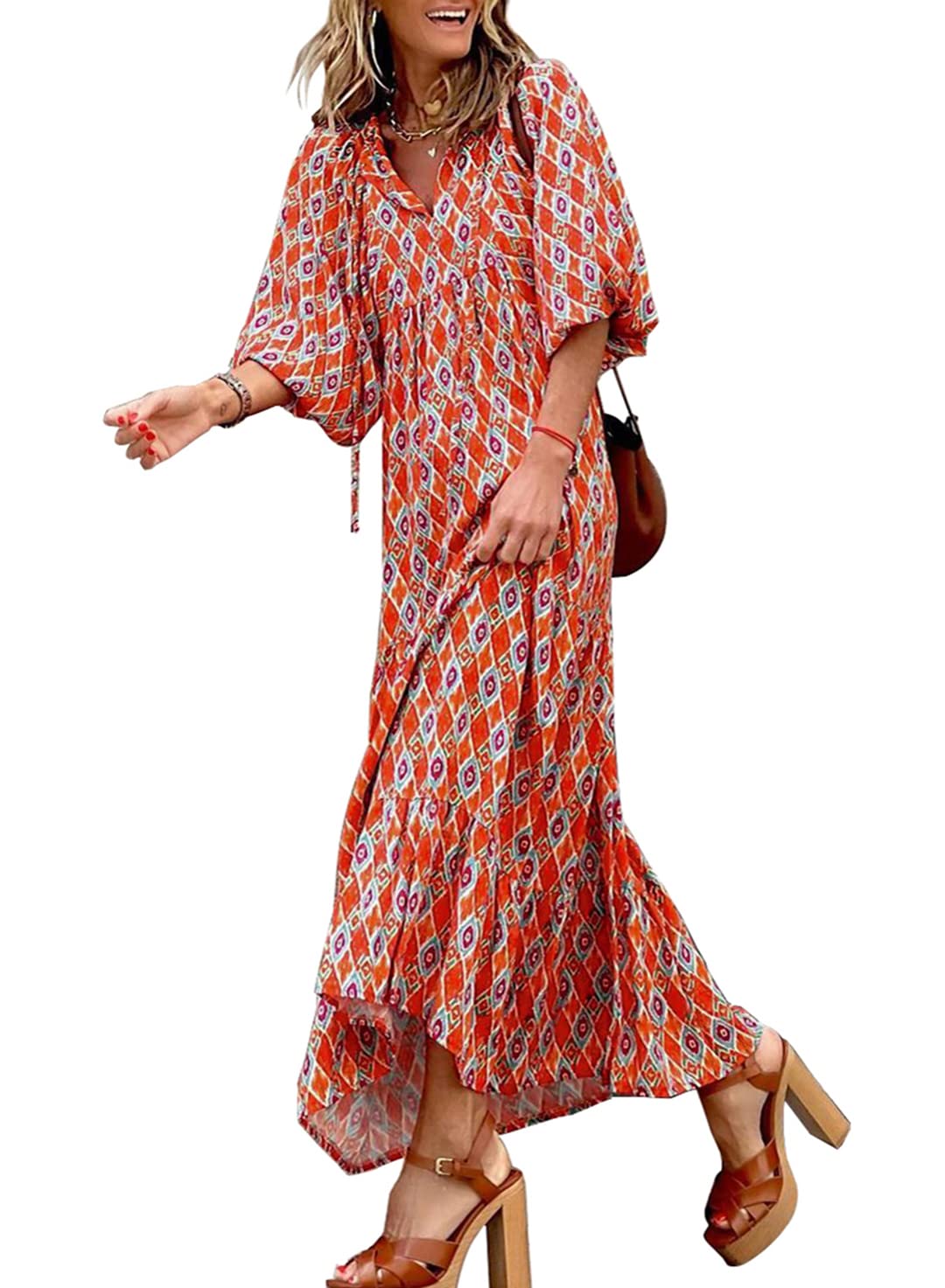 womens puff sleeve geometric bohemian maxi dresses