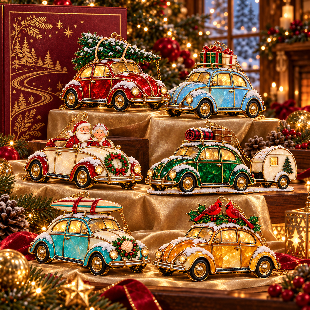 Vintage Christmas Rides – 6-Piece Stained-Glass Style Car Ornament Set