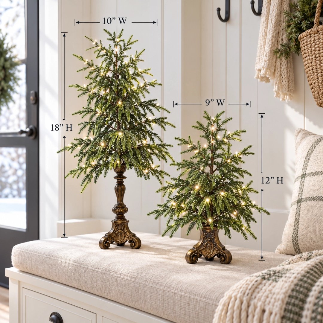 🎄 Vintage Lighted Norfolk Pine Trees | Warm LED Pedestal Decor