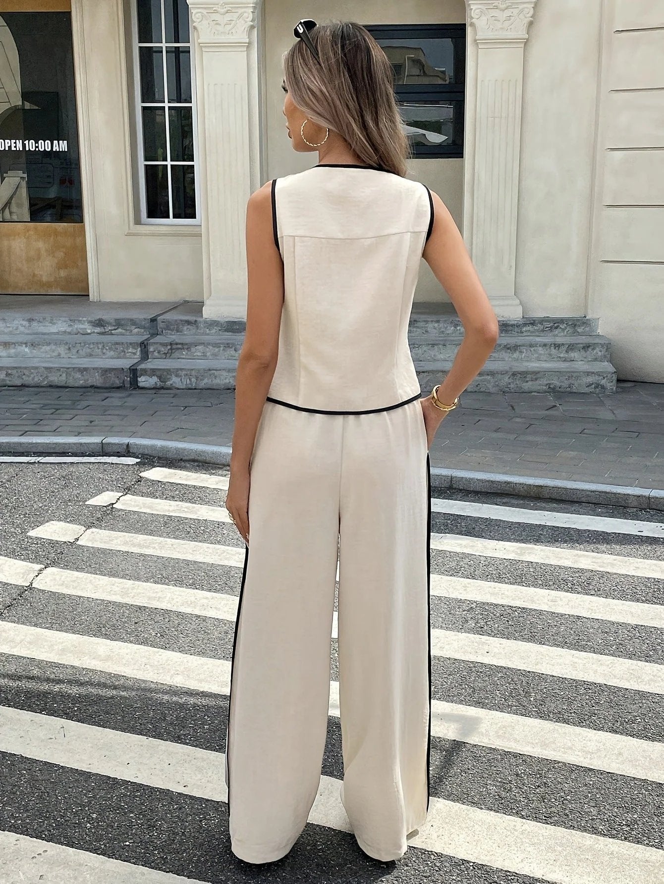 ⌛Women's Contrast Binding Sleeveless Tank & Drawstring Waist Pants Two-piece Set