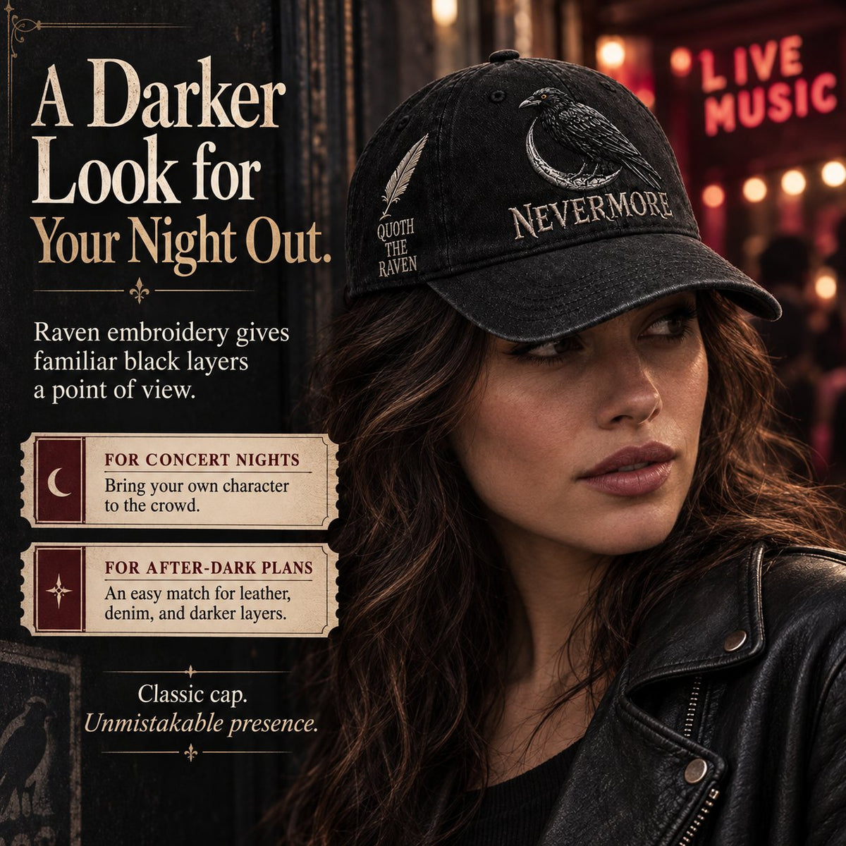 🐦 NEVERMORE Raven Gothic Cap – Premium Embroidered Literary Cap | Full Embroidery • Adjustable Fit • Vintage Black Style 🌙
