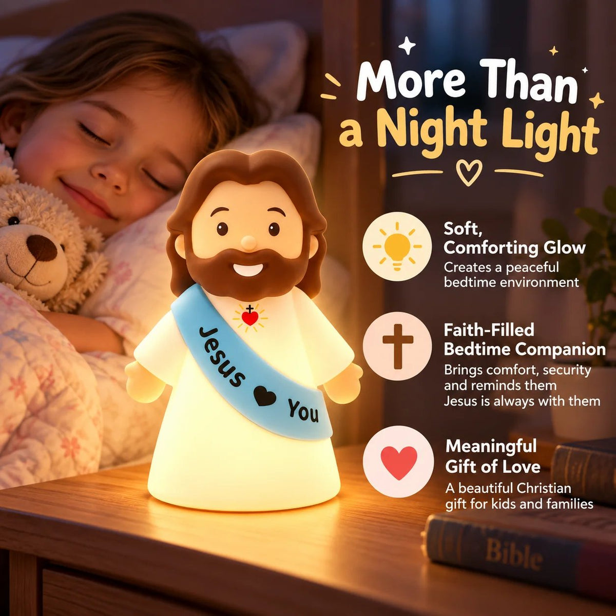 ❤️ Jesus Loves You Night Light – Cute Glowing Jesus Lamp | Christian Bedside Decor & Meaningful Faith Gift ✝️