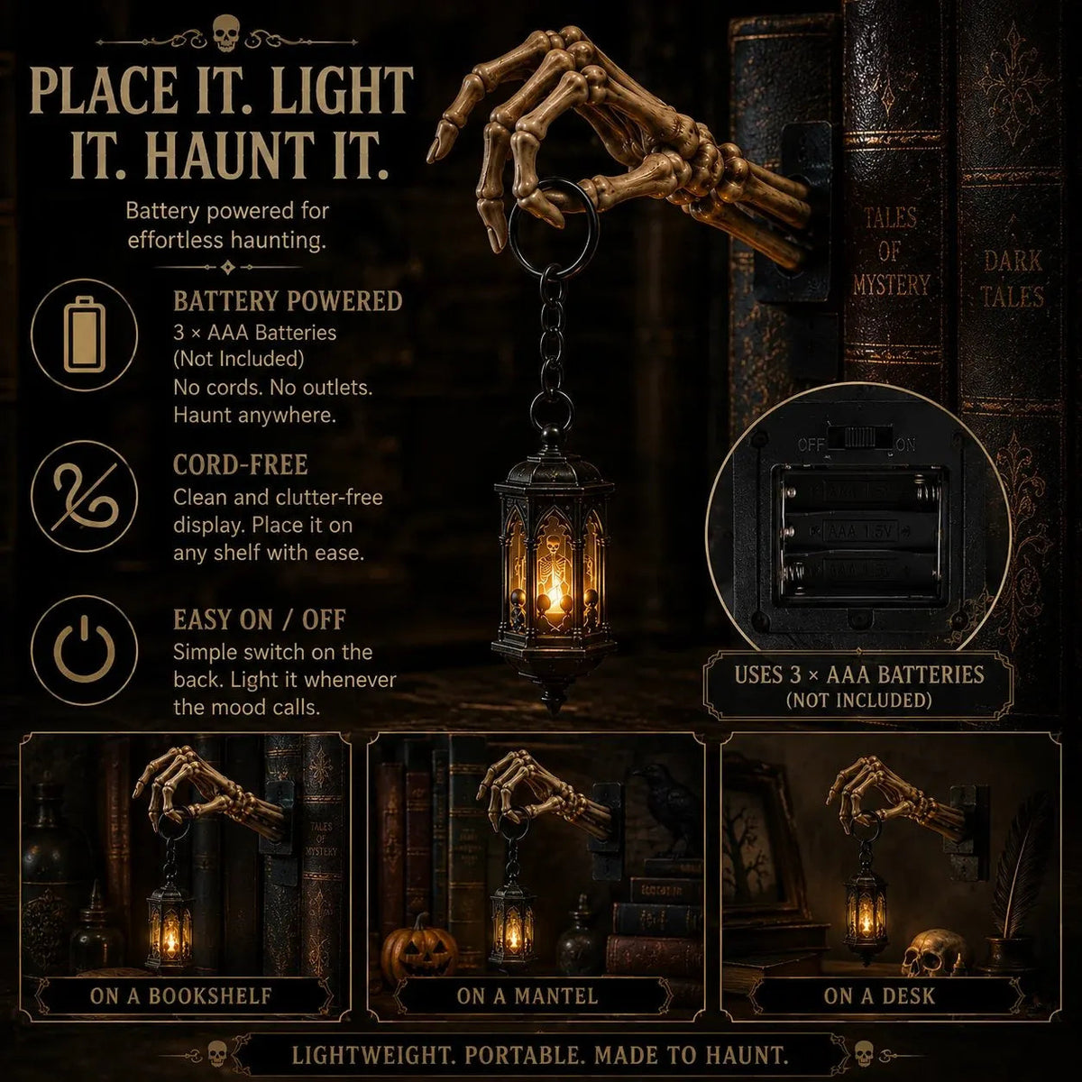 Gothic Skeleton Hand LED Lantern for Moody Bookshelf Decor