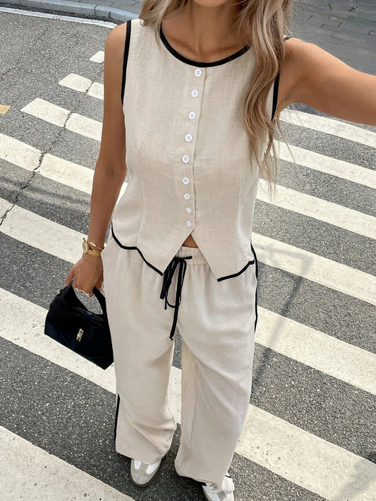 ⌛Women's Contrast Binding Sleeveless Tank & Drawstring Waist Pants Two-piece Set