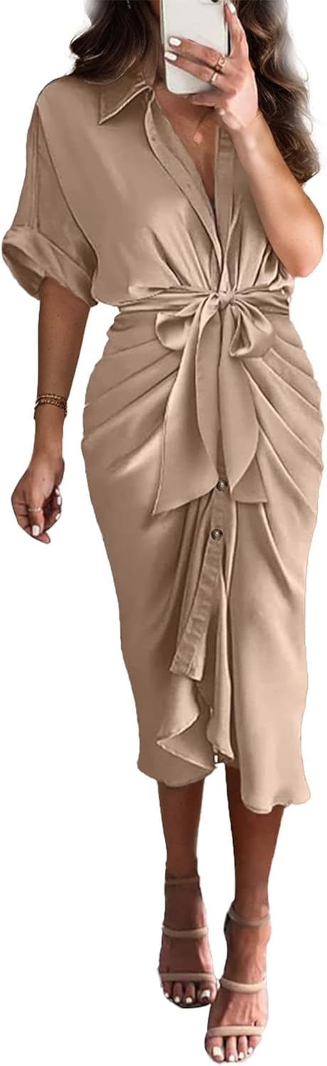 Women's Satin Button Shirt Dress
