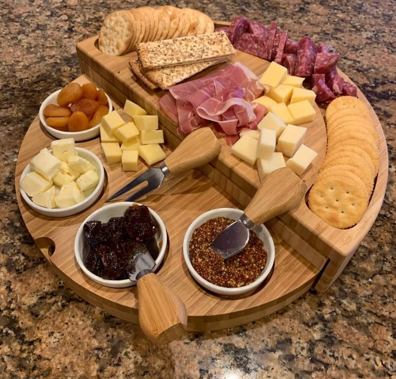 🧀2025 Bamboo Swivel Charcuterie Board🔥With 4 Integrated Ceramic Bowls And 3 Piece Knife Set