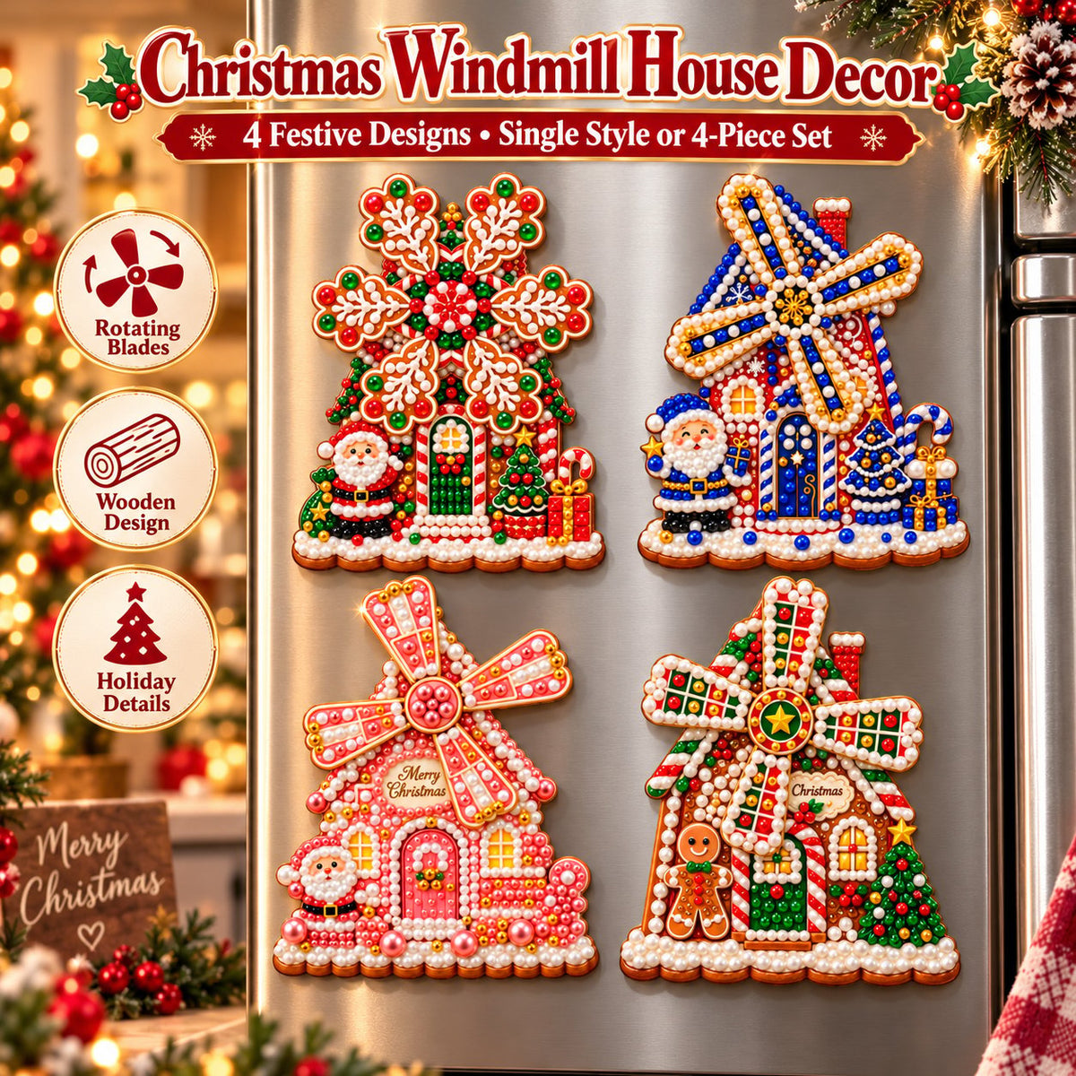 🎄 Wooden Christmas windmill decoration with rotating sails – 4 festive designs