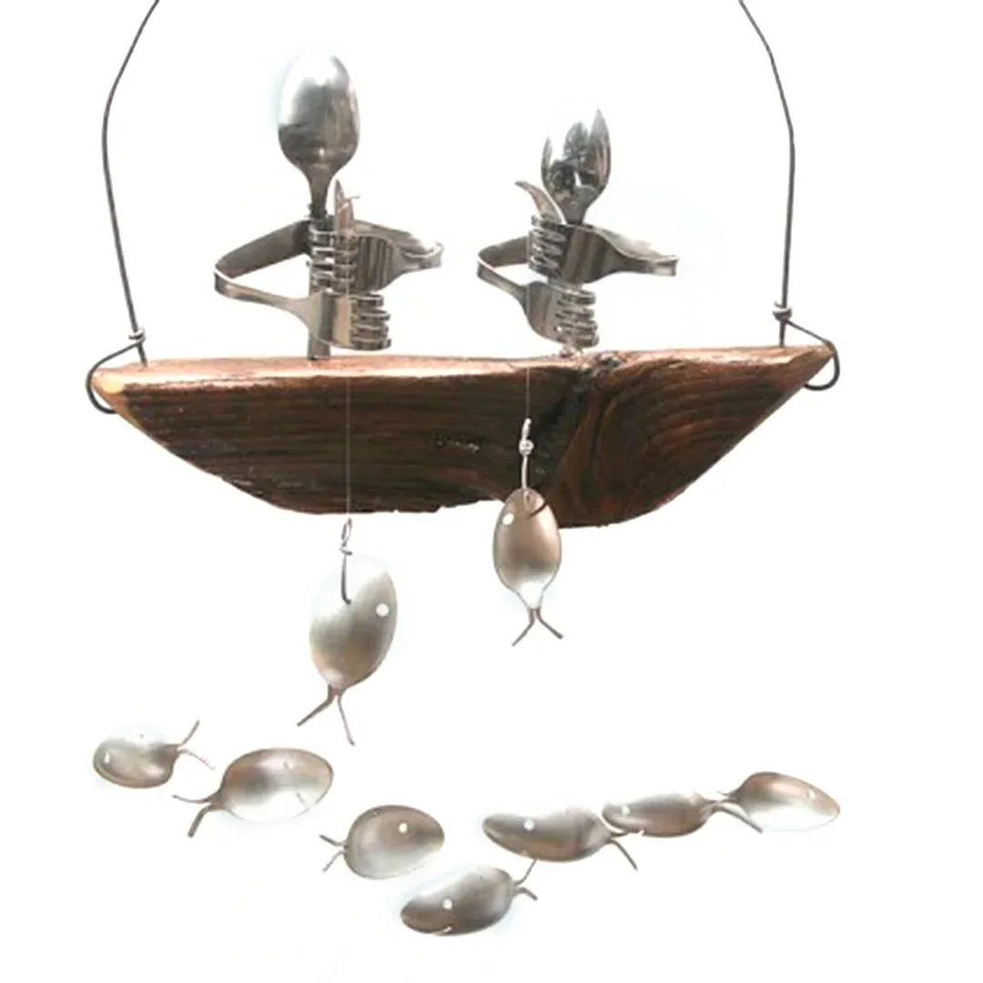 ❤️Handmade Fisherman Man Spoon Fish Sculpture Wind Chime