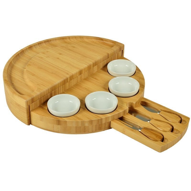 🧀2025 Bamboo Swivel Charcuterie Board🔥With 4 Integrated Ceramic Bowls And 3 Piece Knife Set
