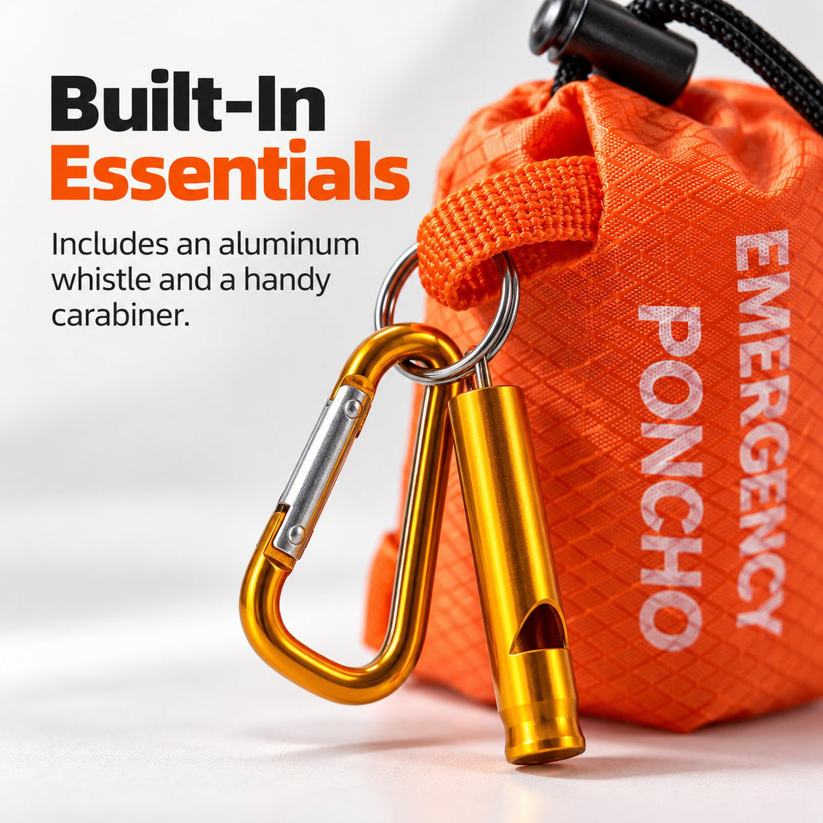 Emergency Rain Poncho Set with Storage Pouch, Aluminum Whistle & Carabiner