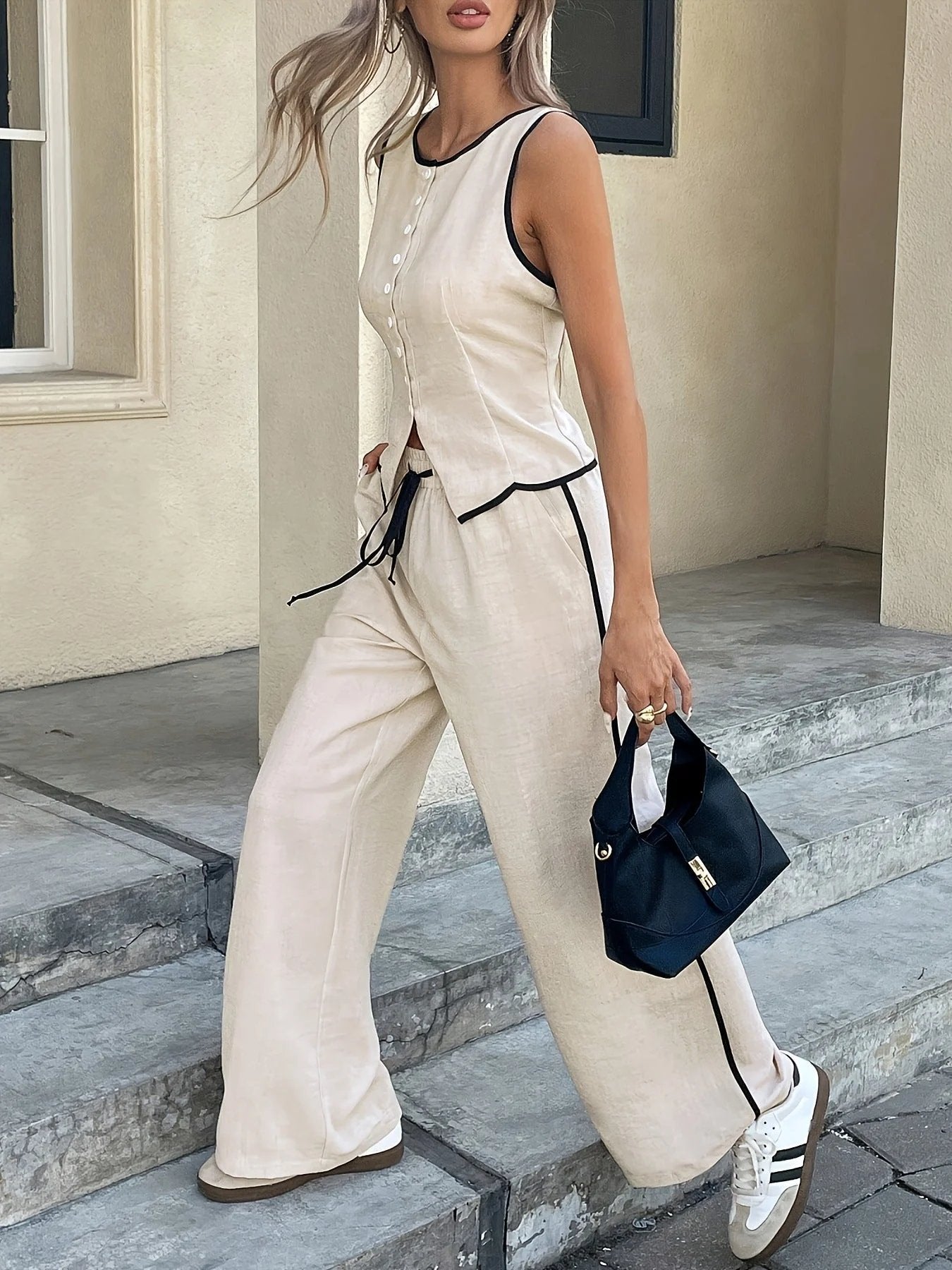 ⌛Women's Contrast Binding Sleeveless Tank & Drawstring Waist Pants Two-piece Set