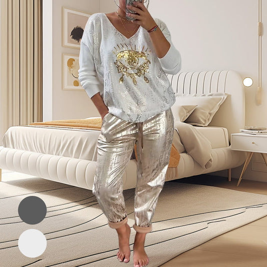 🌷2-teiliges Damen-Set: Devil's Eye Goldfolien-Oberteil und Pailletten-Hosen-Set