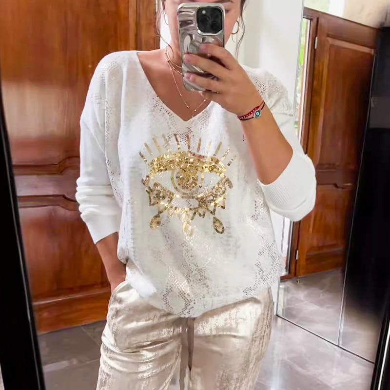 🌷2-teiliges Damen-Set: Devil's Eye Goldfolien-Oberteil und Pailletten-Hosen-Set