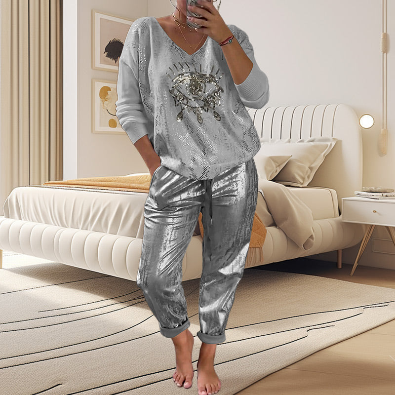 🌷2-teiliges Damen-Set: Devil's Eye Goldfolien-Oberteil und Pailletten-Hosen-Set