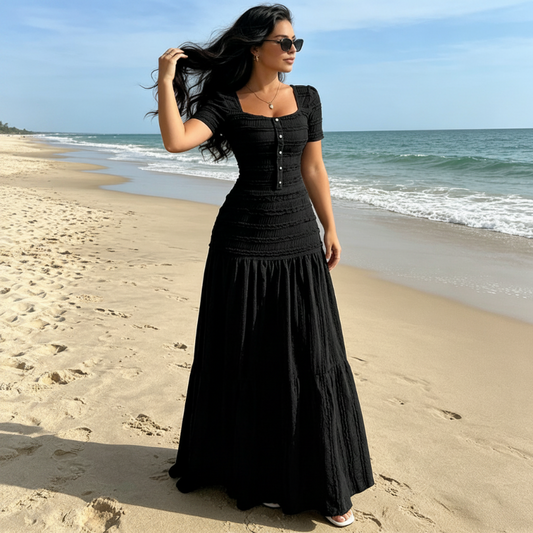 👗 LIMITED-TIME 49% OFF! ✨ Women's Square Neck Dress Set – Crinkled Fabric, Tiered Skirt, Elegant 🍷